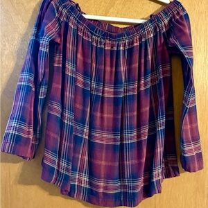 Cloth & Stone Burgundy Plaid Off The Shoulder Top